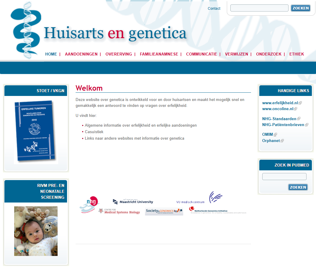 Homepage van website voor huisartsen huisartsengenetica.nl