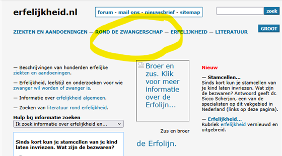 Afbeelding van oude website Erfelijkheid.nl met info over rond de zwangerschap
