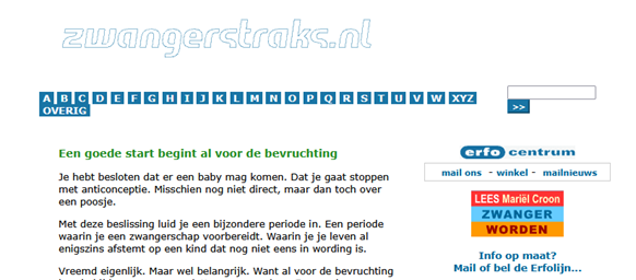 Afbeelding van website Zwangerstraks.nl met info over zwanger worden.