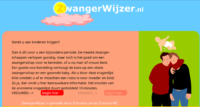 Afbeelding van Zwangerwijzer.nl een online tool om mensen met een kinderwens bewust te maken van risico’s die ze misschien hebben.